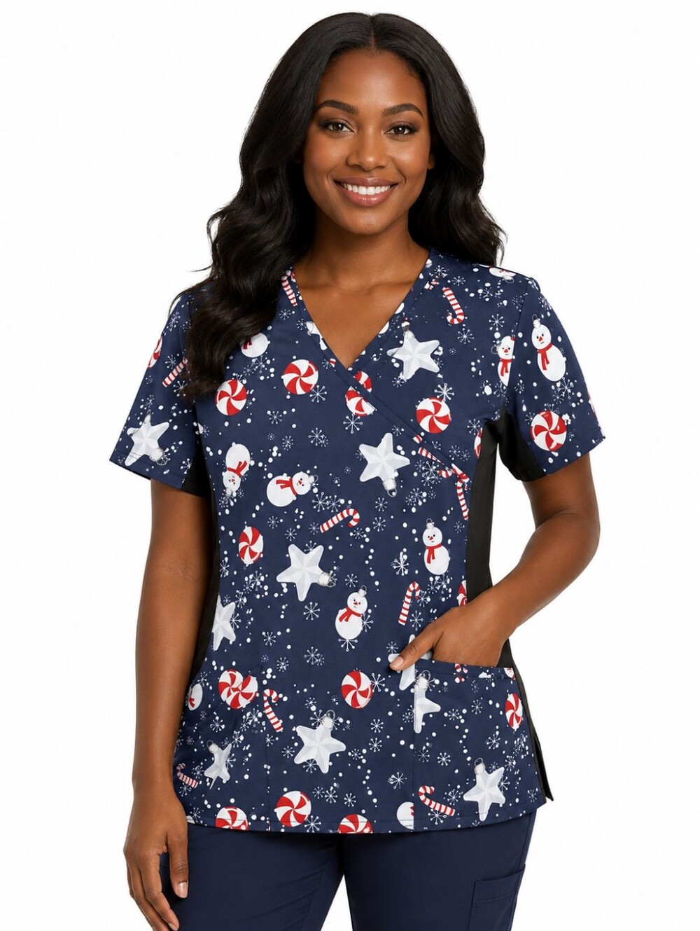 REVEL MEDICAL SCRUB TOP - Navy, Red, White - Candy Canes Snowman SIZE Medium NWT - Picture 2 of 13
